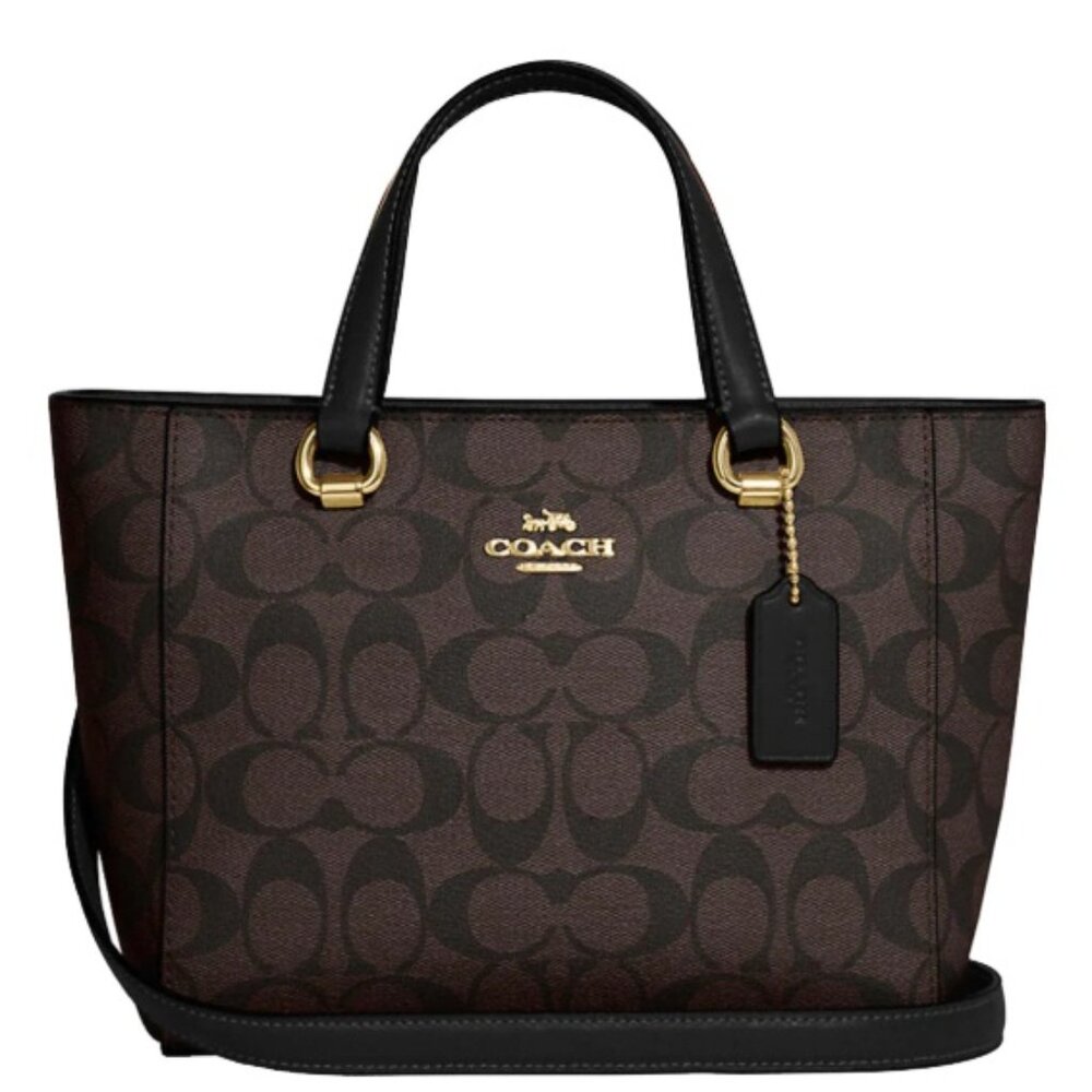 Coach Alice Brown and Black Leather Signature Monogram Satchel Crossbody Bag